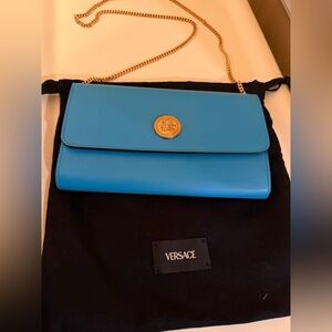 Versace Turquoise Leather WOC with Gold Medallion